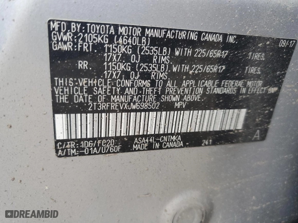 2018 Toyota RAV4 XLE with VIN 2T3RFREVXJW698502, listed as a Copart auction lot 46450935 with 131,103 mi miles and Salvage Title. Bid and sale history available at carsss.com. Image 14.