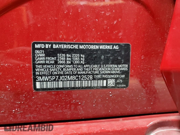 2021 BMW 3 Series 330e with VIN 3MW5P7J02M8C12528, listed as a Copart auction lot 49859615 with 0 mi miles and Salvage Title. Bid and sale history available at carsss.com. Image 12.