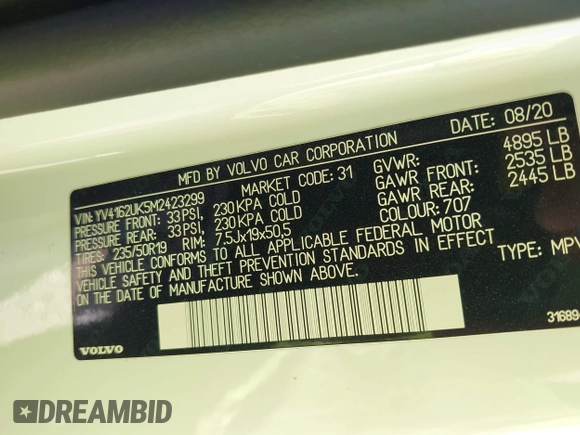 2021 Volvo XC40 Momentum with VIN YV4162UK5M2423299, listed as a IAAI auction lot 41940996 with 50,304 mi miles and . Bid and sale history available at DreamBid. Image 9.
