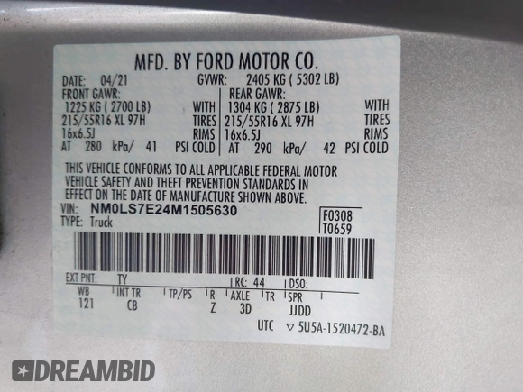 2021 Ford Transit Connect XL with VIN NM0LS7E24M1505630, listed as a IAAI auction lot 42525137 with 127,185 mi miles and . Bid and sale history available at DreamBid. Image 9.