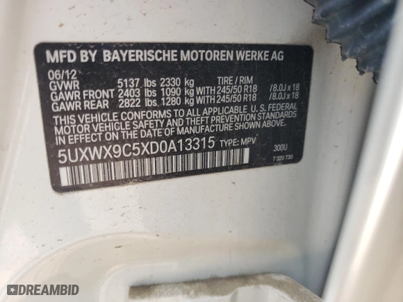2013 BMW X3 xDrive28i with VIN 5UXWX9C5XD0A13315, listed as a Copart auction lot 54161245 with 0 mi miles and Clean Title. Bid and sale history available at carsss.com. Image 12.
