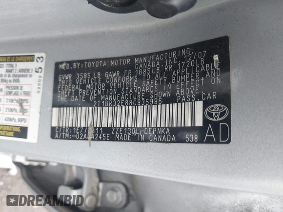 2008 Toyota Corolla CE with VIN 2T1BR32E88C935986, listed as a IAAI auction lot 41938020 with 132,772 mi miles and . Bid and sale history available at DreamBid. Image 9.