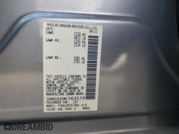 2022 Nissan LEAF SV Plus with VIN 1N4BZ1CV1NC563579, listed as a Copart auction lot 80015834 with 41,751 mi miles and Salvage Title. Bid and sale history available at DreamBid. Image 12.