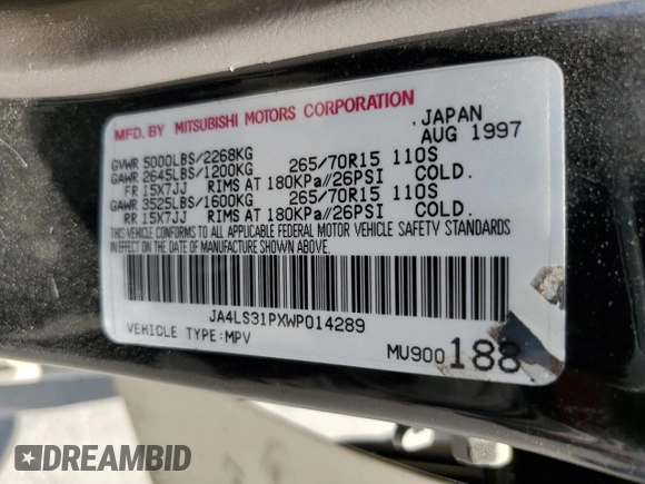 1998 Mitsubishi Montero z VIN JA4LS31PXWP014289, wystawiony jako Copart lot #68752234 z przebiegiem 189 886 mil mil oraz Czysty tytuł • Clean title. Historia ofert i sprzedaży dostępna na DreamBid. Obrazek 13.