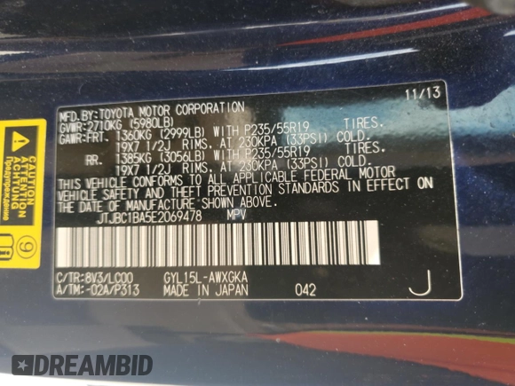 2014 Lexus RX 450h with VIN JTJBC1BA5E2069478, listed as a Copart auction lot 63434295 with 127,840 mi miles and Salvage title. Bid and sale history available at DreamBid. Image 13.
