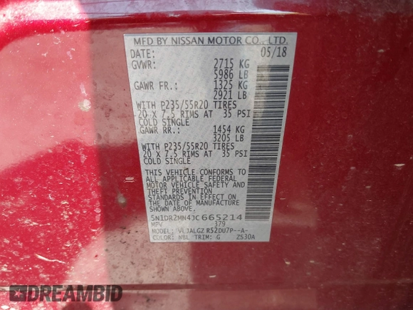 2018 Nissan Pathfinder SL with VIN 5N1DR2MN4JC665214, listed as a IAAI auction lot 41970395 with 183,111 mi miles. Bid and sale history available at carsss.com. Image 9.