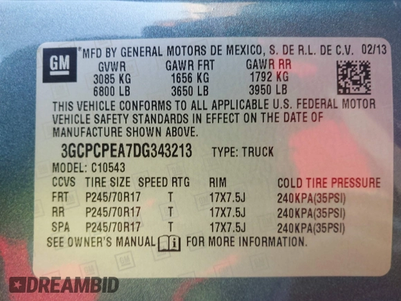 2013 Chevrolet Silverado 1500 with VIN 3GCPCPEA7DG343213, listed as a IAAI auction lot 41782731 with 109,795 mi miles and . Bid and sale history available at DreamBid. Image 9.