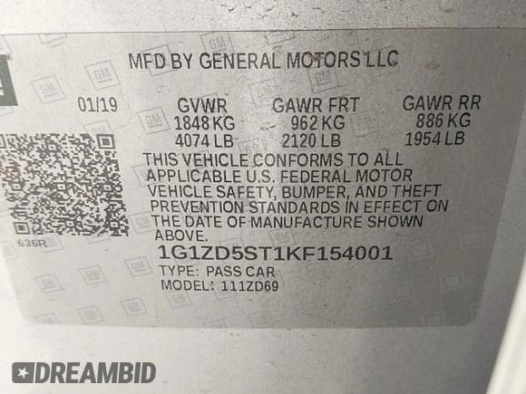 2019 Chevrolet Malibu LT with VIN 1G1ZD5ST1KF154001, listed as a IAAI auction lot 41988715 with 97,435 mi miles and . Bid and sale history available at DreamBid. Image 9.