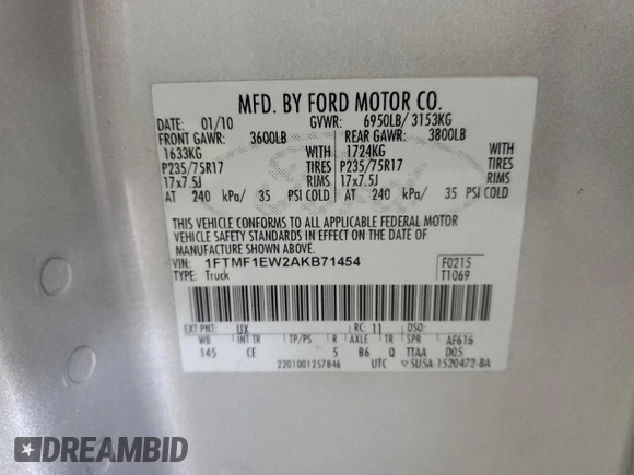 2010 Ford F-150 XL with VIN 1FTMF1EW2AKB71454, listed as a Copart auction lot 54604395 with 112,594 mi miles and Clean Title. Bid and sale history available at DreamBid. Image 12.