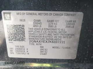 2019 Chevrolet Equinox Premier with VIN 2GNAXYEX7K6107231, listed as a IAAI auction lot 41967172 with 89,200 mi miles and . Bid and sale history available at DreamBid. Image 9.