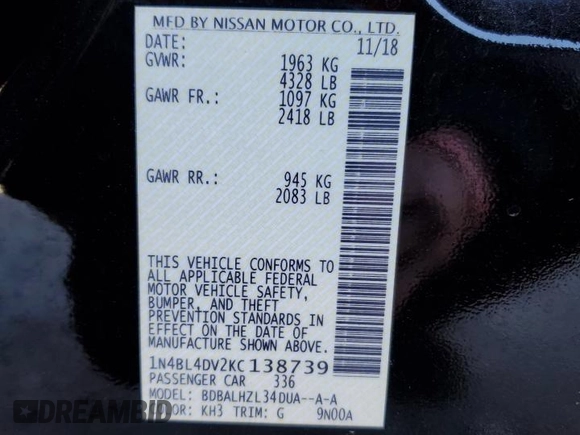 2019 Nissan Altima 2.5 SV with VIN 1N4BL4DV2KC138739, listed as a Copart auction lot 88445925 with 98,704 mi miles and Salvage Title. Bid and sale history available at carsss.com. Image 12.
