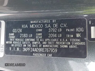 2024 Kia Forte LXS with VIN 3KPF24AD9RE767959, listed as a IAAI auction lot 42037956 with 29,130 mi miles. Bid and sale history available at carsss.com. Image 9.