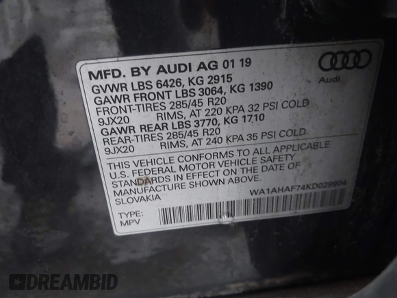 2019 Audi Q7 Premium with VIN WA1AHAF74KD029904, listed as a IAAI auction lot 41024012 with 79,896 mi miles and . Bid and sale history available at DreamBid. Image 9.