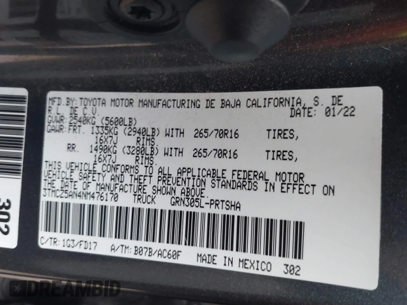2022 Toyota Tacoma SR with VIN 3TMCZ5AN4NM476170, listed as a IAAI auction lot 41482149 with 57,126 mi miles and . Bid and sale history available at DreamBid. Image 9.