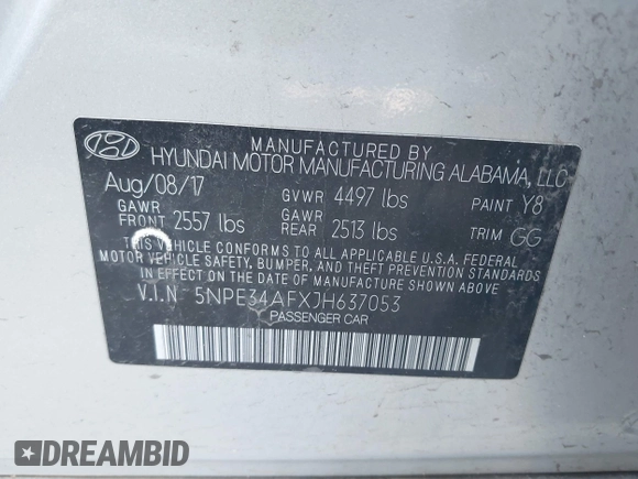 2018 Hyundai Sonata SEL with VIN 5NPE34AFXJH637053, listed as a IAAI auction lot 41723294 with 47,574 mi miles and . Bid and sale history available at carsss.com. Image 9.