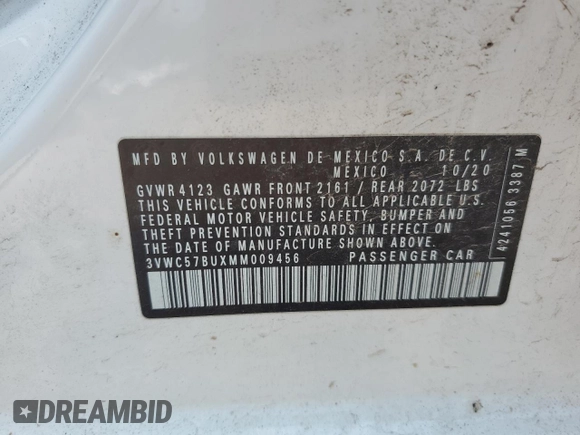 2021 Volkswagen Jetta S with VIN 3VWC57BUXMM009456, listed as a Copart auction lot 60507945 with 47,800 mi miles and Salvage title. Bid and sale history available at DreamBid. Image 13.