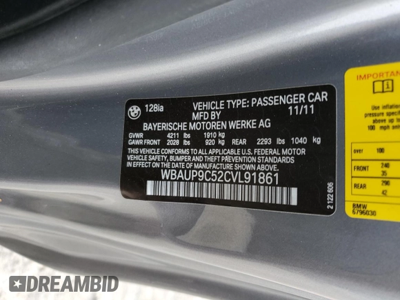 2012 BMW 1 Series 128i с VIN WBAUP9C52CVL91861, выставлен на аукционе Copart как лот 83647764 с пробегом 136 735 миль миль и Списание • Salvage title. История ставок и продаж доступна на DreamBid. Изображение 14.
