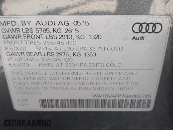 2016 Audi Q5 z VIN WA1DVAFP7GA005725, wystawiony jako IAAI lot #41620926 z przebiegiem 138 050 mil mil oraz . Historia ofert i sprzedaży dostępna na DreamBid. Obrazek 9.