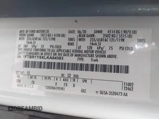 2020 Ford Transit Cargo with VIN 1FTBR1Y8XLKA84383, listed as a IAAI auction lot 41519121 with 61,410 mi miles and . Bid and sale history available at DreamBid. Image 9.