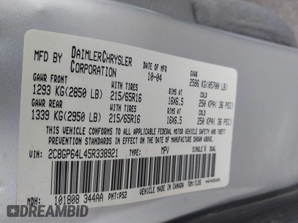 2005 Chrysler Town & Country Limited with VIN 2C8GP64L45R338921, listed as a IAAI auction lot 42105691 with 288,600 mi miles. Bid and sale history available at carsss.com. Image 9.