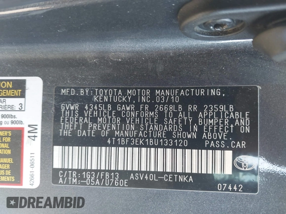 2011 Toyota Camry LE with VIN 4T1BF3EK1BU133120, listed as a IAAI auction lot 41972598 with 346,692 mi miles and . Bid and sale history available at carsss.com. Image 9.