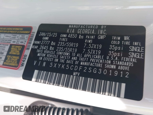 2025 Kia Sportage SX-Prestige with VIN 5XYK5CDF2SG301912, listed as a IAAI auction lot 42553193 with 1,816 mi miles and . Bid and sale history available at DreamBid. Image 9.