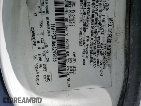 2006 Ford Taurus SE с VIN 1FAFP53U66A245685, выставлен на аукционе Copart как лот 53472415 с пробегом 100 110 миль миль и Списание • Salvage title. История ставок и продаж доступна на DreamBid. Изображение 13.