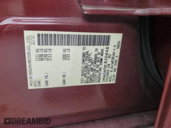 2013 Nissan Maxima SV with VIN 1N4AA5AP5DC820448, listed as a Copart auction lot 60411935 with 145,068 mi miles and Salvage title. Bid and sale history available at DreamBid. Image 12.