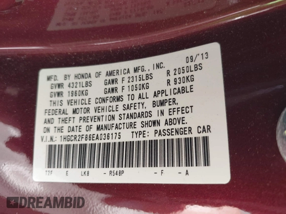 2014 Honda Accord EX-L with VIN 1HGCR2F86EA036175, listed as a IAAI auction lot 42146831 with 105,031 mi miles and . Bid and sale history available at carsss.com. Image 9.