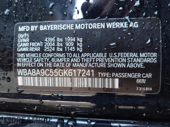2016 BMW 3 Series 320i with VIN WBA8A9C55GK617241, listed as a IAAI auction lot 41781613 with 111,053 mi miles. Bid and sale history available at carsss.com. Image 8.