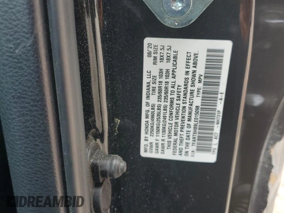 2020 Honda CR-V EX-L with VIN 7FART6H89LE015098, listed as a Copart auction lot 60462865 with 75,704 mi miles and Salvage title. Bid and sale history available at DreamBid. Image 13.