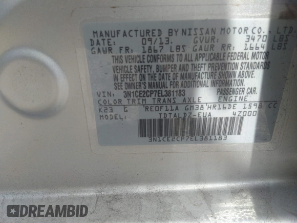 2014 Nissan Note SV with VIN 3N1CE2CP7EL381183, listed as a IAAI auction lot 41585753 with 117,493 mi miles and . Bid and sale history available at DreamBid. Image 9.