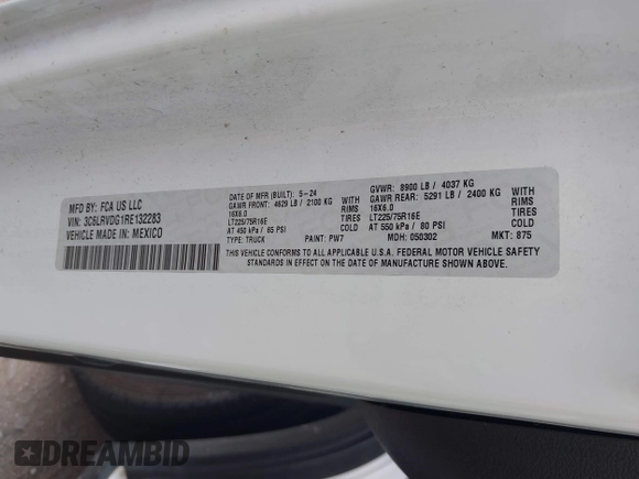 2024 Ram ProMaster Cargo Tradesman with VIN 3C6LRVDG1RE132283, listed as a IAAI auction lot 41938357 with 31,413 mi miles and . Bid and sale history available at DreamBid. Image 9.