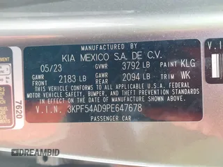 2023 Kia Forte GT-Line with VIN 3KPF54AD9PE647678, listed as a IAAI auction lot 41780156 with 48,038 mi miles. Bid and sale history available at carsss.com. Image 9.