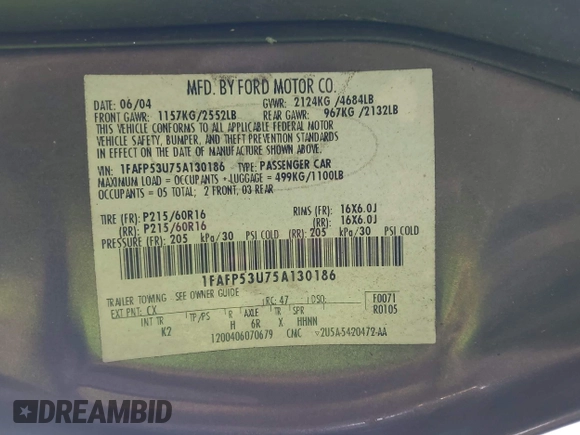 2005 Ford Taurus SE with VIN 1FAFP53U75A130186, listed as a IAAI auction lot 42155233 with 185,896 mi miles and . Bid and sale history available at DreamBid. Image 9.