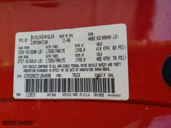 2007 Dodge Ram 2500 SLT with VIN 1D7KS28C37J564698, listed as a Copart auction lot 47464775 with 0 mi miles and Salvage Title. Bid and sale history available at carsss.com. Image 13.