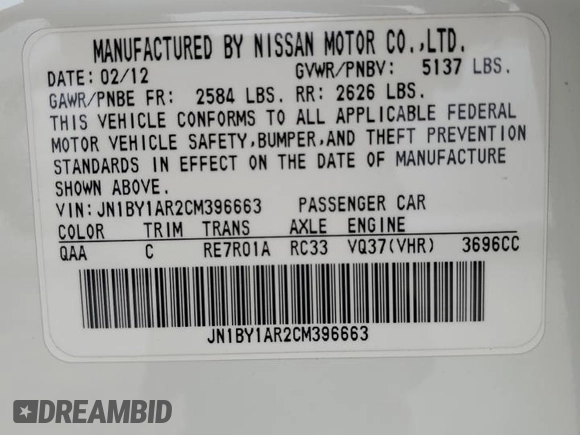 2012 Infiniti M37 with VIN JN1BY1AR2CM396663, listed as a Copart auction lot 67894924 with 125,691 mi miles and Salvage Title. Bid and sale history available at carsss.com. Image 12.