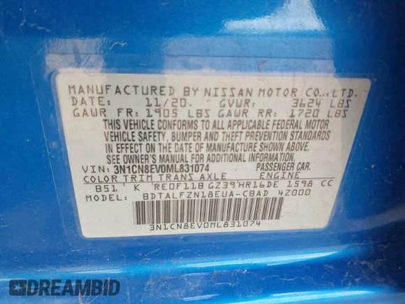 2021 Nissan Versa SV with VIN 3N1CN8EV0ML831074, listed as a IAAI auction lot 42203487 with 83,115 mi miles and . Bid and sale history available at DreamBid. Image 9.