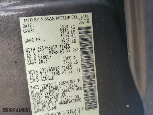 2018 Nissan Murano SV with VIN 5N1AZ2MGXJN138237, listed as a Copart auction lot 79890794 with 0 mi miles and Salvage Title. Bid and sale history available at carsss.com. Image 13.