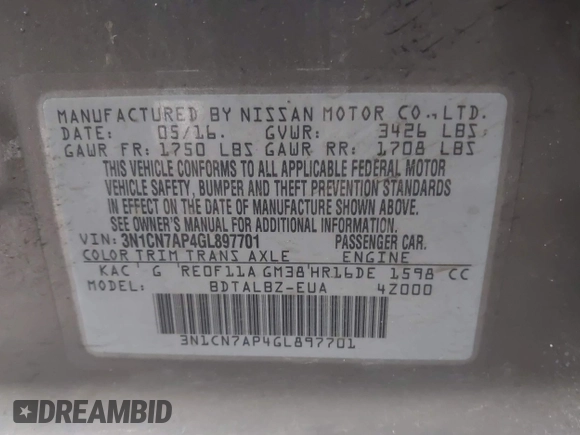 2016 Nissan Versa S с VIN 3N1CN7AP4GL897701, выставлен на аукционе IAAI как лот 42115529 с пробегом 94 162 миль миль и . История ставок и продаж доступна на DreamBid. Изображение 9.