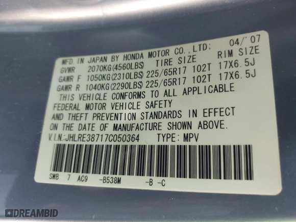 2007 Honda CR-V EX-L with VIN JHLRE38717C050364, listed as a IAAI auction lot 41871811 with 147,774 mi miles. Bid and sale history available at carsss.com. Image 9.