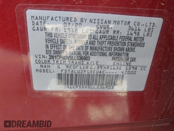 2020 Nissan Kicks SR with VIN 3N1CP5DV5LL536903, listed as a IAAI auction lot 41778615 with 90,744 mi miles. Bid and sale history available at carsss.com. Image 9.