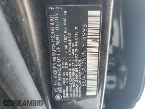2005 BMW X5 3.0i with VIN 5UXFA13555LY14993, listed as a Copart auction lot 74434944 with 145,021 mi miles and Clean Title. Bid and sale history available at carsss.com. Image 13.