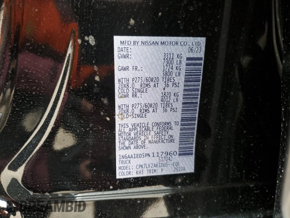 2023 Nissan Titan Platinum Reserve с VIN 1N6AA1ED5PN117960, выставлен на аукционе Copart как лот 50949235 с пробегом 19 754 миль миль и Списание • Salvage title. История ставок и продаж доступна на DreamBid. Изображение 12.