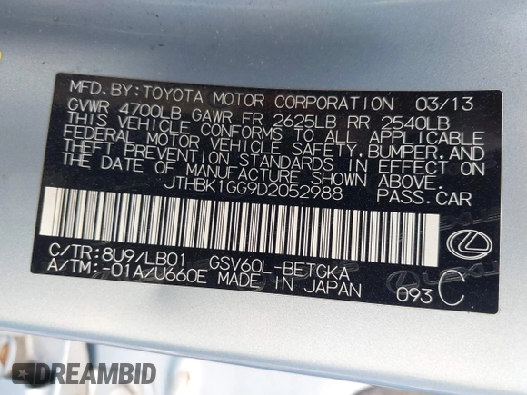 2013 Lexus ES 250 with VIN JTHBK1GG9D2052988, listed as a IAAI auction lot 41852842 with 78,524 mi miles and . Bid and sale history available at DreamBid. Image 9.