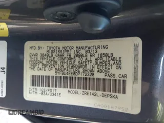 2013 Toyota Corolla L with VIN 5YFBU4EE8DP172328, listed as a IAAI auction lot 41734533 with 156,512 mi miles. Bid and sale history available at carsss.com. Image 9.