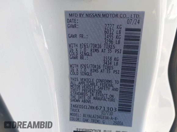 2024 Nissan Frontier S with VIN 1N6ED1CL2RN671303, listed as a IAAI auction lot 42165483 with 13,654 mi miles and . Bid and sale history available at DreamBid. Image 9.