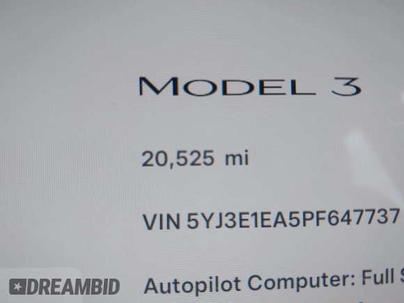 2023 Tesla Model 3 with VIN 5YJ3E1EA5PF647737, listed as a IAAI auction lot 42430145 with 20,525 mi miles and . Bid and sale history available at DreamBid. Image 15.
