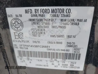2008 Ford F-150 XLT with VIN 1FTPW14V28FC26851, listed as a IAAI auction lot 42055576 with 156,119 mi miles. Bid and sale history available at carsss.com. Image 9.
