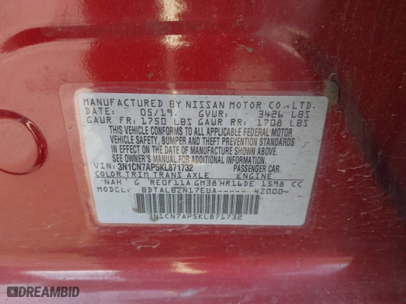 2019 Nissan Versa Sedan SV with VIN 3N1CN7AP5KL871732, listed as a IAAI auction lot 41989980 with 85,358 mi miles. Bid and sale history available at carsss.com. Image 9.